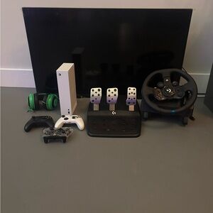 Logitech Racing Wheel and Pedals with Xbox Console - Black, White, and Green